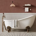 Classic Bathroom Interior With White Clawfoot Bathtub Gold Fixtures Pendant Light And Towel Shelf