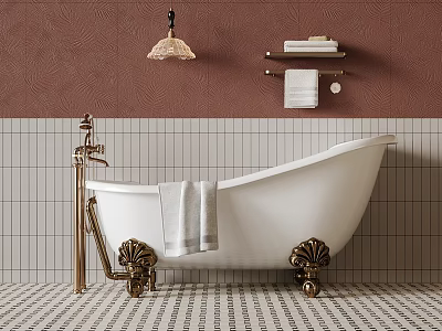 Classic Bathroom Interior With White Clawfoot Bathtub Gold Fixtures Pendant Light And Towel Shelf 3d model