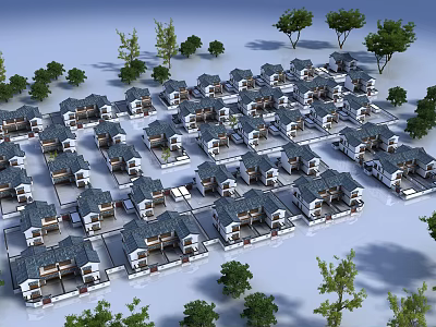 Neatly Arranged Townhouses in Residential Community Surrounded by Trees with Uniform Design 3d model