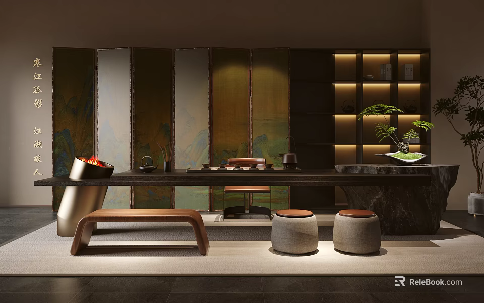 Modern Tea Room Interior With Long Table Stools Patterned Screen Green Plant And Shelf 3d model 