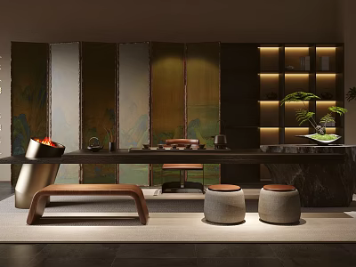 Modern Tea Room Interior With Long Table Stools Patterned Screen Green Plant And Shelf 3d model