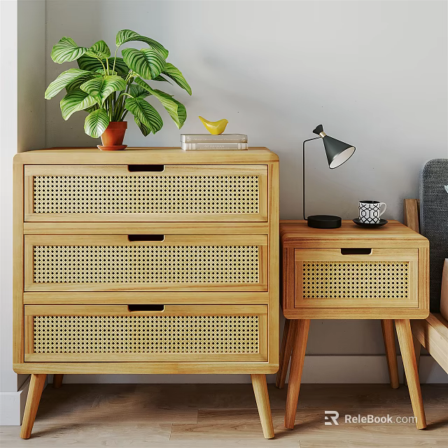 Natural Wooden Bedside Table With Rattan Drawer And Small Decorative Lamp 3d model 
