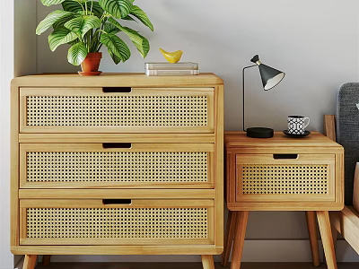 Natural Wooden Bedside Table With Rattan Drawer And Small Decorative Lamp 3d model