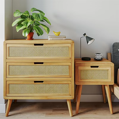 Natural Wooden Bedside Table With Rattan Drawer And Small Decorative Lamp 3d model