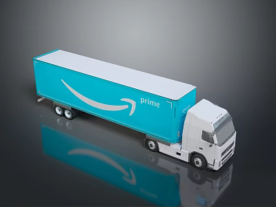 Amazon Prime Delivery Truck With Blue Trailer And White Cab On Reflective Surface 3d model
