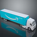 Amazon Prime Delivery Truck With Blue Trailer And White Cab On Reflective Surface
