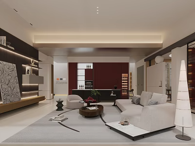 Modern Living Room Interior Design With Light Colored Sofa Round Coffee Table And Recessed Lighting 3d model