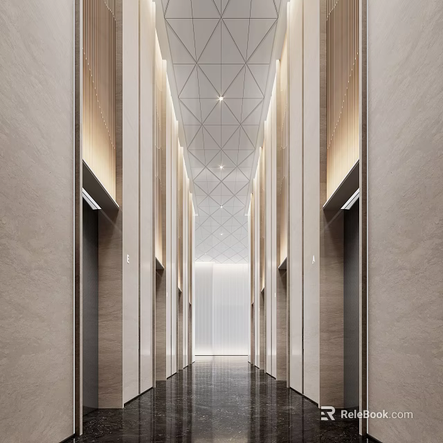 Elegant Modern Elevator Hallway Interior With Geometric Ceiling And Marble Walls 3d model 