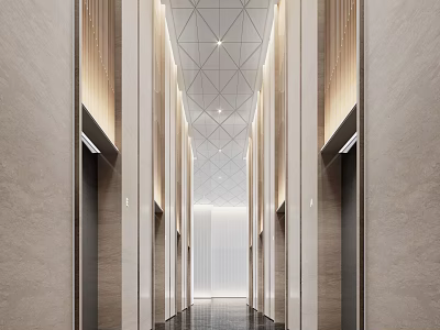 Elegant Modern Elevator Hallway Interior With Geometric Ceiling And Marble Walls 3d model