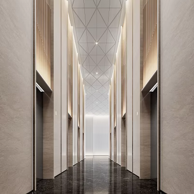 Elegant Modern Elevator Hallway Interior With Geometric Ceiling And Marble Walls 3d model