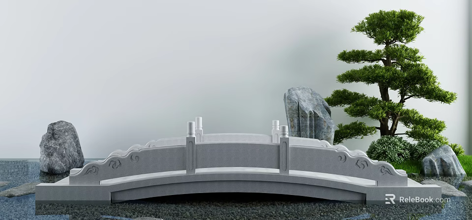 Traditional Stone Arch Bridge With Carved Railings Adjacent Rock And Pine Tree In Garden 3d model 