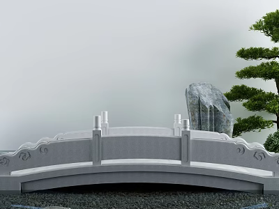 Traditional Stone Arch Bridge With Carved Railings Adjacent Rock And Pine Tree In Garden 3d model