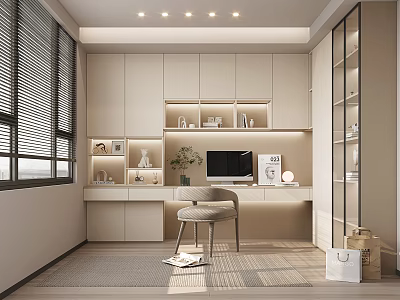Modern Study Room Interior With Beige Cabinets Desk And Large Window 3d model