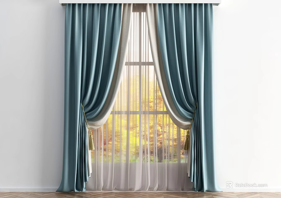 Blue Thick Curtains With White Sheer For Window Natural Light View 3d model