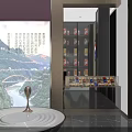 Elegant Front Desk Reception Interior With Purple Walls Curved Design Decorative Plant And Marble Floor