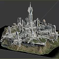 Futuristic Urban 3D Model Featuring Tall Skyscrapers Various Buildings Green Spaces and Water