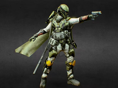 Armored Sci-Fi Character In Green White Armor With Helmet Holding Gun And Extended Arm 3d model