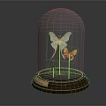 Decorative Ornament Set with Glass Dome and Colorful Butterflies on Wooden Base