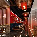 Traditional Chinese Style Hot Pot Restaurant Interior With Red Lanterns And Wooden Furniture