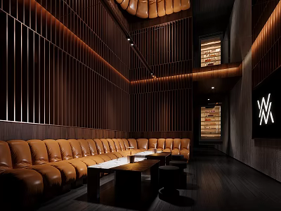 Luxury KTV Lounge Interior With Brown Leather Sofas Wooden Panel Walls And Ambient Lighting 3d model