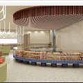 Modern Dessert Shop Interior with Glass Display Cases Fresh Pastries Wooden Curved Ceiling Hanging Lights