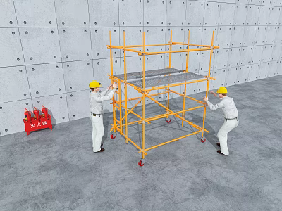 Construction Workers Assembling Yellow Scaffolding Near Gray Concrete Wall With Red Toolbox 3d model