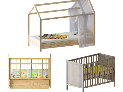 Variety of Wooden Baby Cribs with Canopy Top Railings and Colorful Mattress 3d model