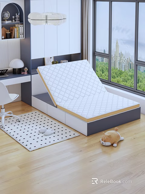 White Grid Patterned Mattress on Storage Bed Frame in Modern Bedroom with Window View 3d model