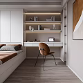 Modern Tatami Bedroom With White Cabinets LED Shelves Desk Brown Chair Laptop And Window Blinds
