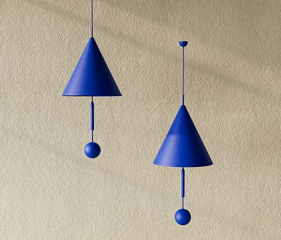 Minimalist Blue Conical Pendant Lights With Spherical Balls On Beige Wall 3d model