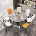 Modern Dining Table Set With Marble Top Black Frame Gold Legs And Orange Gray Chairs