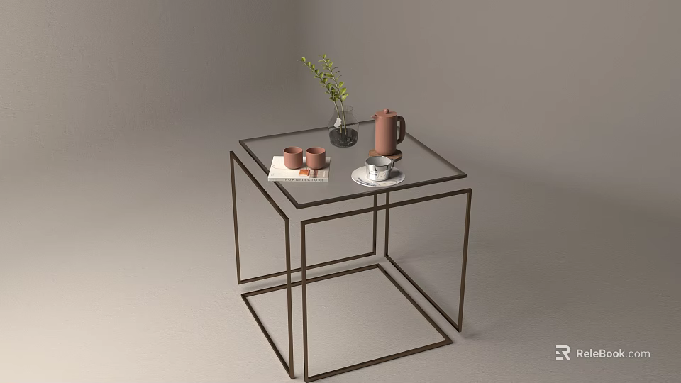 Sleek Glass Top Side Table with Metal Frame Vase Green Plant and Terracotta Teapot 3d model 