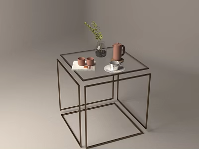 Sleek Glass Top Side Table with Metal Frame Vase Green Plant and Terracotta Teapot 3d model