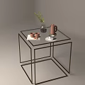 Sleek Glass Top Side Table with Metal Frame Vase Green Plant and Terracotta Teapot