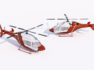 Two Red and White Helicopters Parked on Plain White Background 3d model
