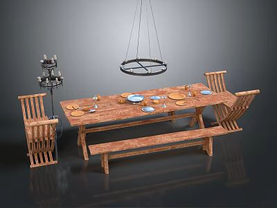 Wooden Dining Table Set with Chairs Bench Hanging Lamp Candle Holder and Tableware 3d model