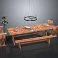 Wooden Dining Table Set with Chairs Bench Hanging Lamp Candle Holder and Tableware