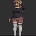 Woman with brown hair green eyes wearing black long-sleeve top red plaid skirt striped stockings