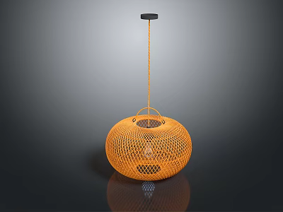 Orange Woven Round Pendant Light with Black Top Hanging via Cord 3d model
