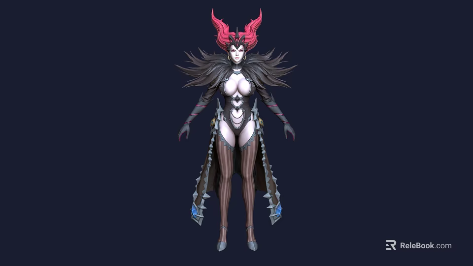 Woman Character With Red Horns Black Feathers And White Ornate Outfit Design 3d model 