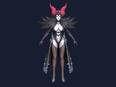 Woman Character With Red Horns Black Feathers And White Ornate Outfit Design 3d model