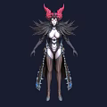 Woman Character With Red Horns Black Feathers And White Ornate Outfit Design