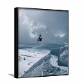 Two Panel Snowy Mountain Landscape Paintings Featuring Skier Cloudy Sky And Snow Covered Slopes