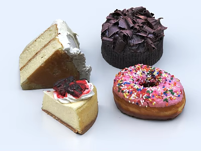 Assorted Desserts Including Vanilla Cake Slice Chocolate Cake Cheesecake And Pink Donut With Sprinkles 3d model