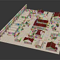 Traditional Architectural Model Featuring Red Roof Buildings Pink Trees And Courtyard Layout