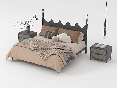 Cozy Modern Double Bed Setup With Scalloped Headboard Brown Gray Pillows Knitted Throw And Nightstands 3d model