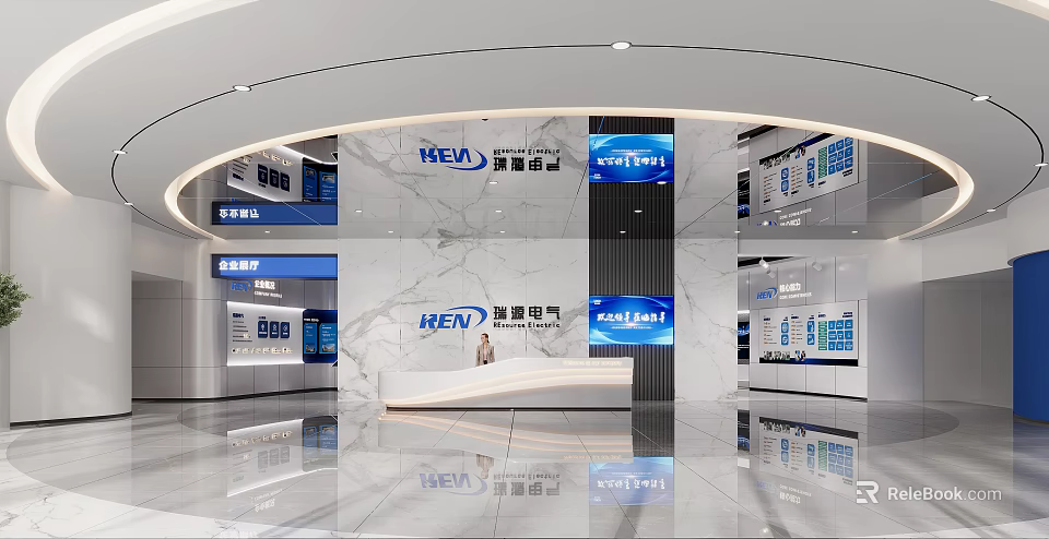 Elegant Modern Corporate Reception Lobby With Marble Walls And Complete Enterprise Brand Culture 3d model 