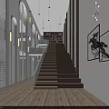 Modern Interior Design With Wooden Flooring Staircase White Walls Hanging Lights And Decorative Paintings