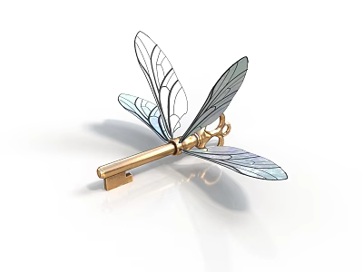 Elegant Dragonfly Brooch Design With Iridescent Transparent Wings And Gold Key Body 3d model