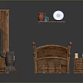 Vintage Rustic Bedroom Interior With Wooden Bed Wardrobe Stove And Nightstand
